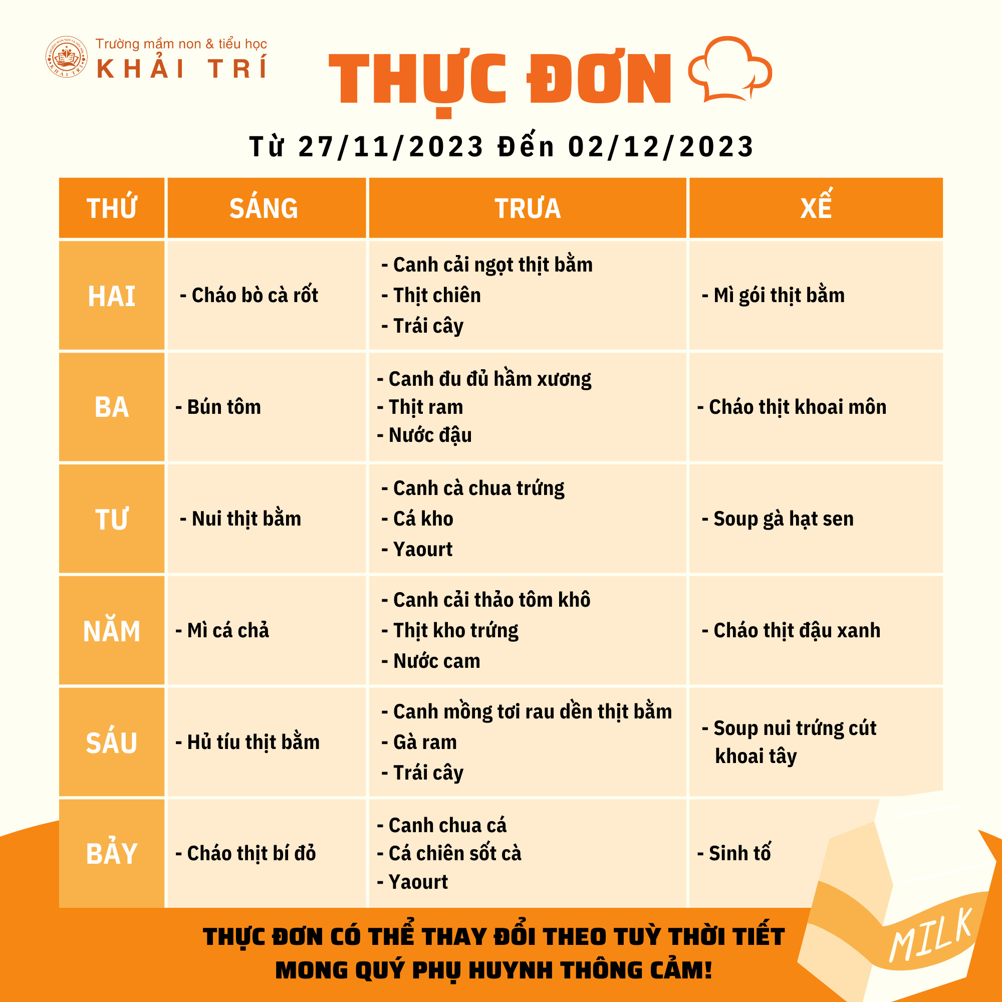 Thực Đơn Tuần Mới (Từ 27/11 Đến 02/12)